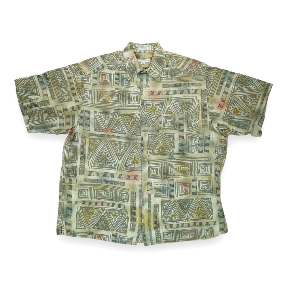 Vintage‎ Claiborne Men's Aztec Tribal Funky Geometric Print Rayon Shirt M Rare!
